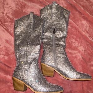 Women's Silver Rhinestone Mid-Calf Heeled Boots